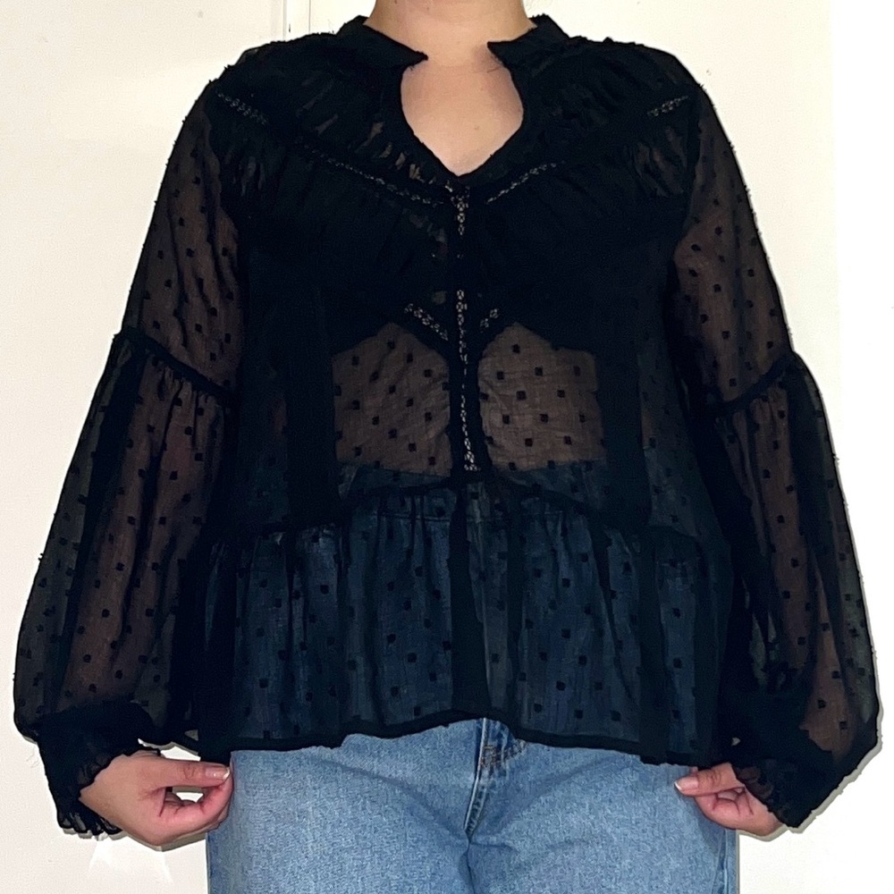 Zara Sheer Black Swiss Dot Peasant Blouse